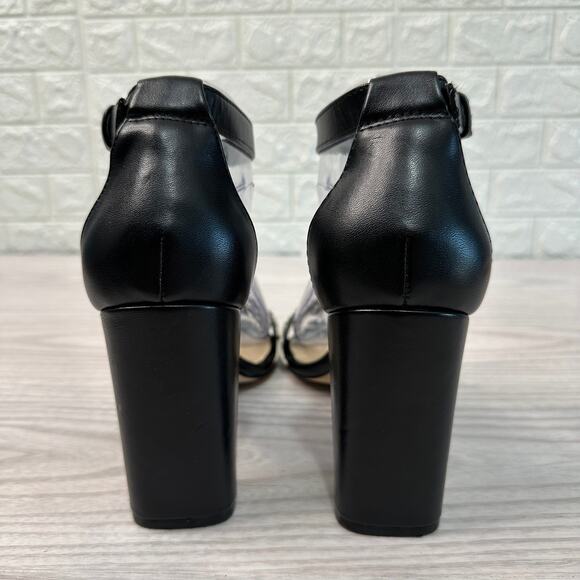 Nine West Sandals WMNS 8.5M Black Silver Snake Print Leather Ankle Strap Heeled - Picture 4 of 9